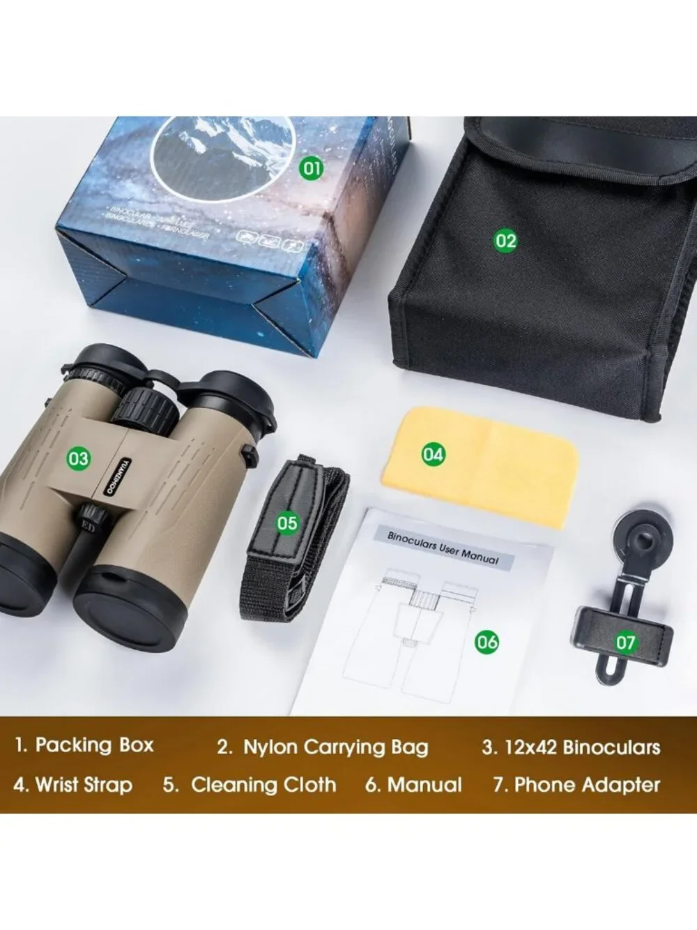 High-Powered 12x42 HD Binoculars with Phone Adapter, Night Vision for Outdoor
